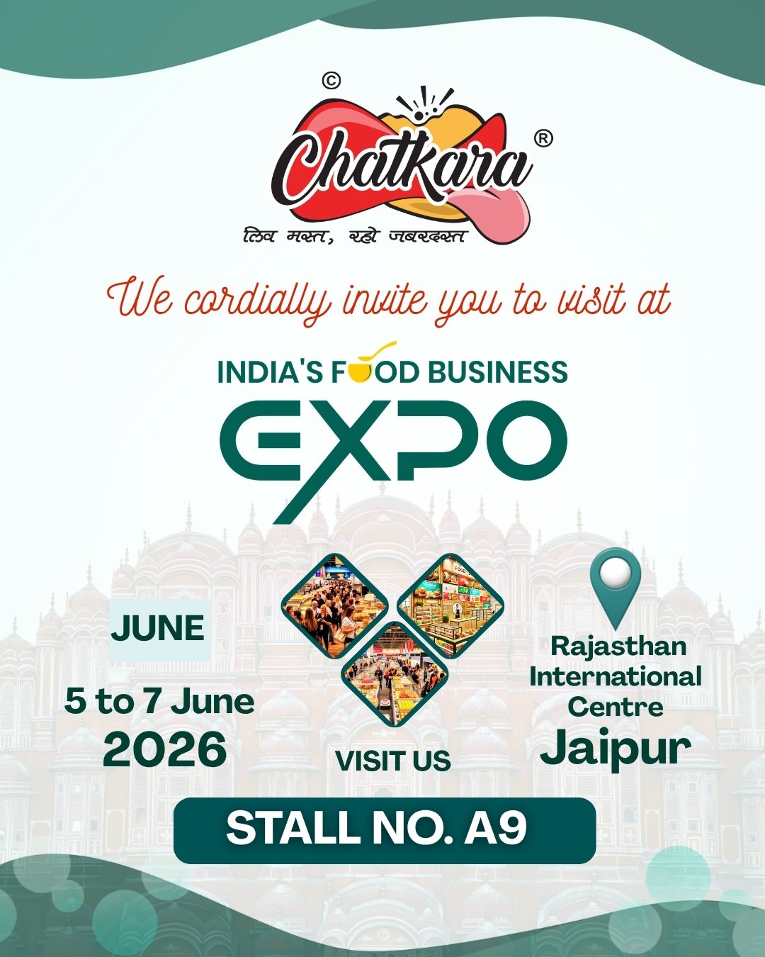 🌟 You're Invited! 🌟

We are pleased to invite you to visit the Chatkara stall at India's Food Business Expo on 5 - 7 June 2026 at Rajasthan International Centre, Jaipur, Rajasthan

📍 Stall No.: A-9

#chatkara #chatkarasnacks #exhibitions #foodexpo #Snacks #potatochips #fryums #namkeen #extrudedsnacks #businessopportunity #fmcg #foodindustry #meetusthere #jaipurblogger #foodlovers❤️