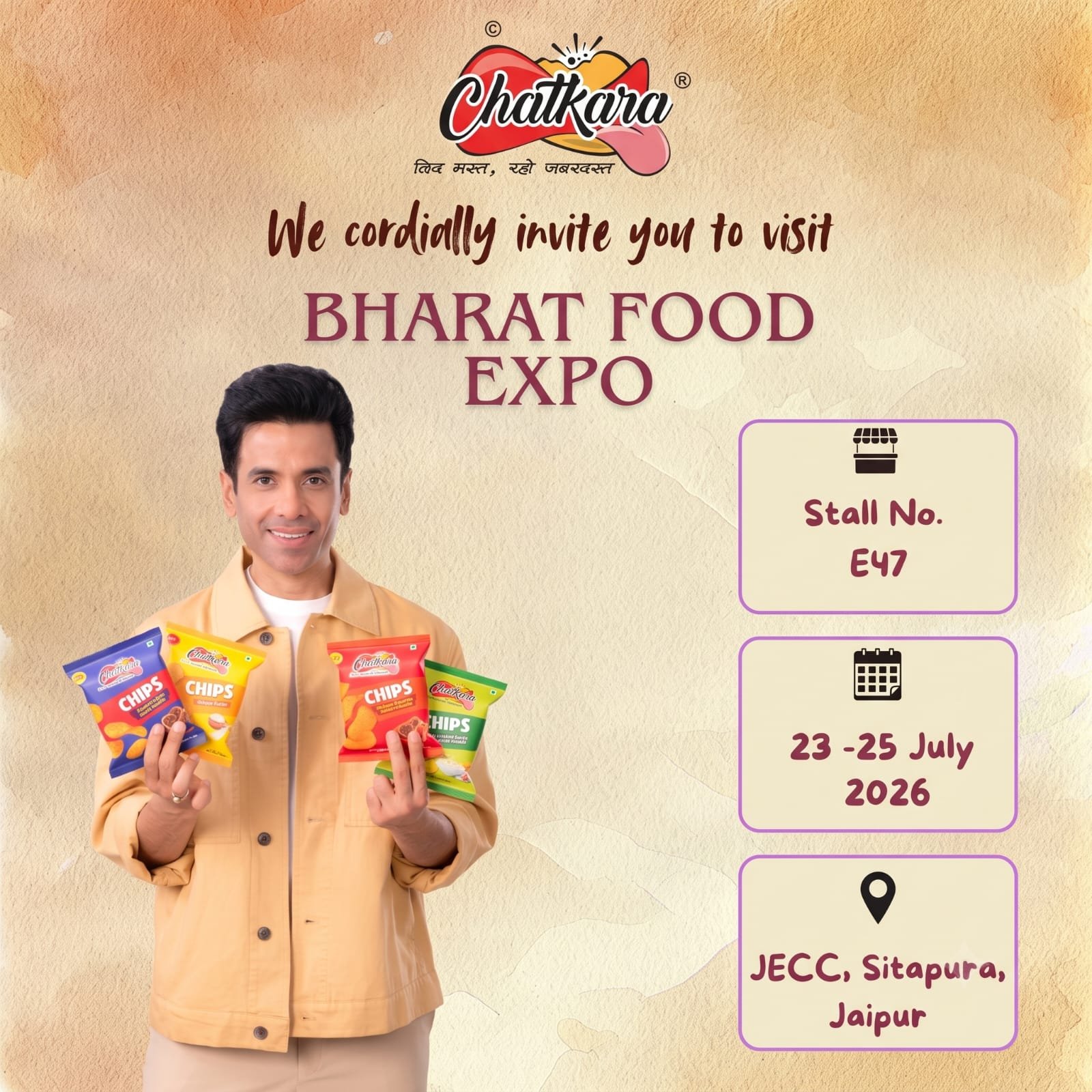 🌟 We are excited to welcome you to Bharat Food Expo 2026.

🎪 Stall No. E47
📅 23–25 July 2026
📍 JECC, Sitapura, Jaipur

Visit our stall to explore our premium Chatkara Snacks, discover new products, and discuss business opportunities.

#chatkara #chatkarasnacks #tussharkapoor #exhibitions #bharatfoodexpo2026 #indiasnacks #bussinessopportunity #meetusthere #jaipurblogger #foodlovers❤️ #potatochips #namkeen #fryums #puffs #extrudedsnacks